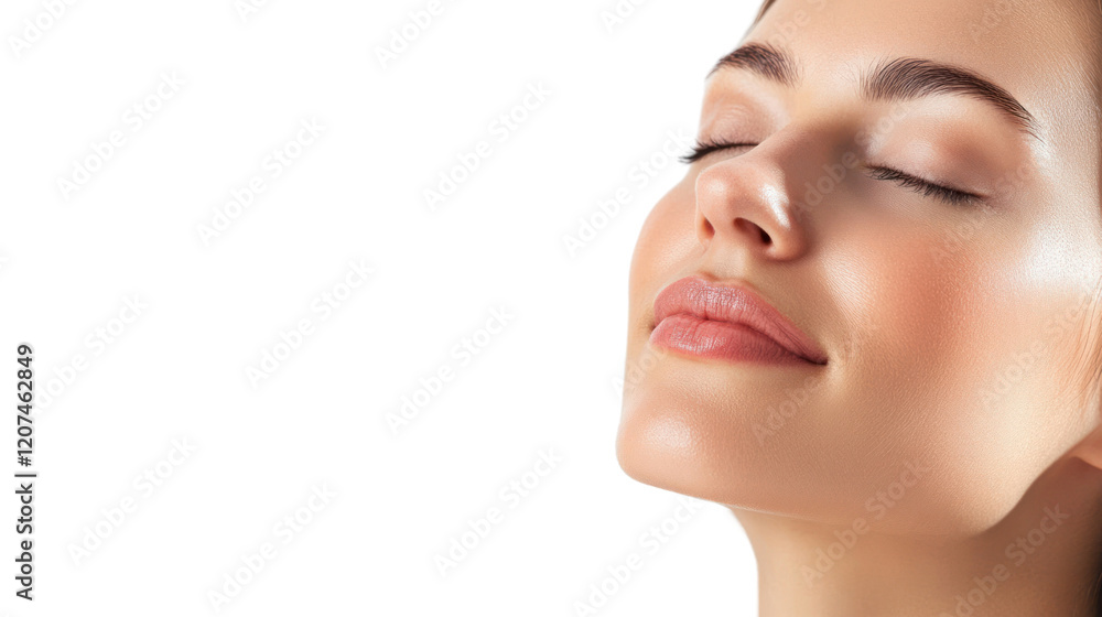 A serene young woman with her eyes closed, enjoying a moment of peace and tranquility, showcasing radiant skin and a natural, glowing expression. A serene young woman with her eyes closed, enjoying a moment of peace and tranquility, showcasing radiant skin and a natural, glowing expression.
