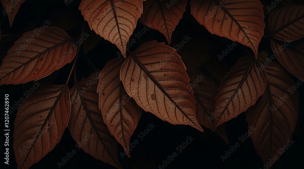 Fototapeta premium Close-up of dark reddish-brown autumn leaves against a black background.