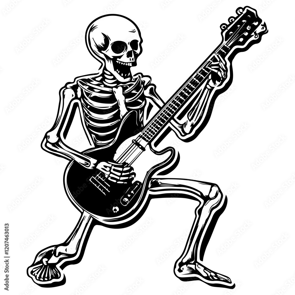 Fototapeta premium Skeleton Playing Guitar in a Cool Pose Vector on a White Background