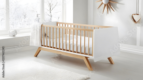 A modern wooden crib with a minimalist design, featuring slatted sides and angled legs, placed in a bright, airy nursery setting photo