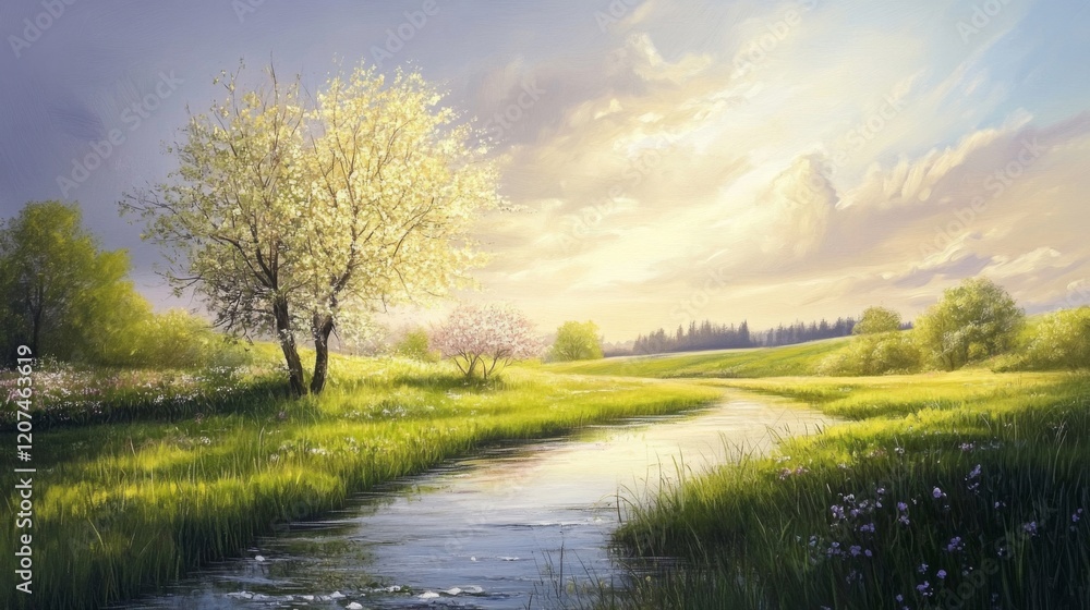 Serene Spring Landscape with Flowering Tree and Stream Serene Spring Landscape with Flowering Tree and Stream
