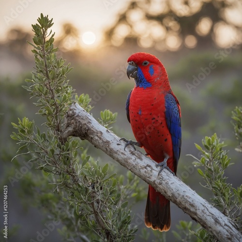 A striking crimson rosella in front of a soft white sunrise. photo