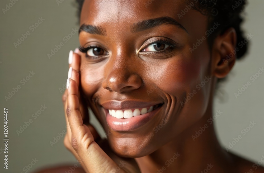 portrait of young attractive smiling African American woman with glowing skin applying serum against neutral background. beauty, skincare and wellness, natural beauty. portrait of young attractive smiling African American woman with glowing skin applying serum against neutral background. beauty, skincare and wellness, natural beauty.