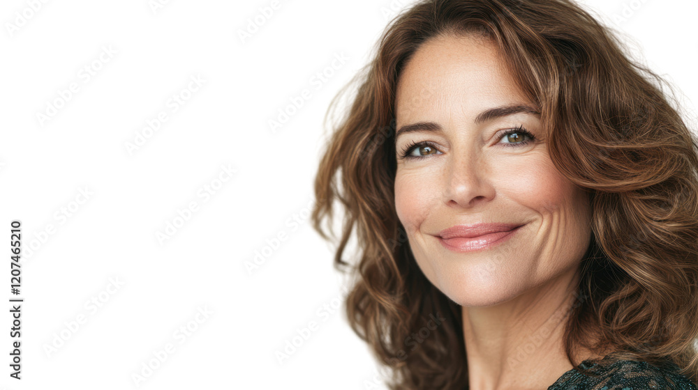 A smiling woman with wavy hair, exuding confidence and warmth. Ideal for themes of happiness, health, and positive living. A smiling woman with wavy hair, exuding confidence and warmth. Ideal for themes of happiness, health, and positive living.