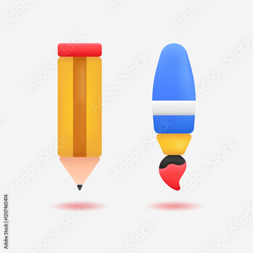 3D REALISTIC PENCIL AND PAINTBRUSH ICON ILLUSTRATION
