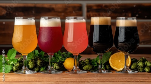 A vibrant display of five different beer styles in elegant glasses, surrounded by hops and citrus, set against a rustic wooden backdrop. photo