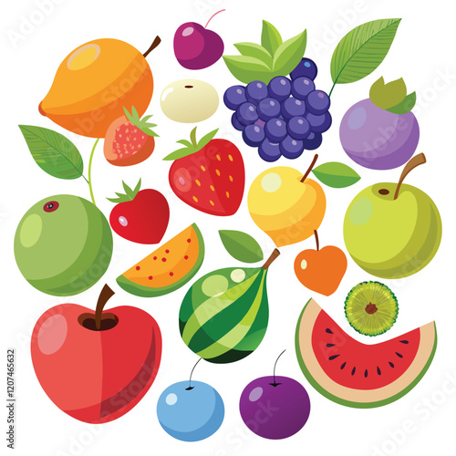  Fruits isolated colored set with fruit and berries of various colors and sizes 