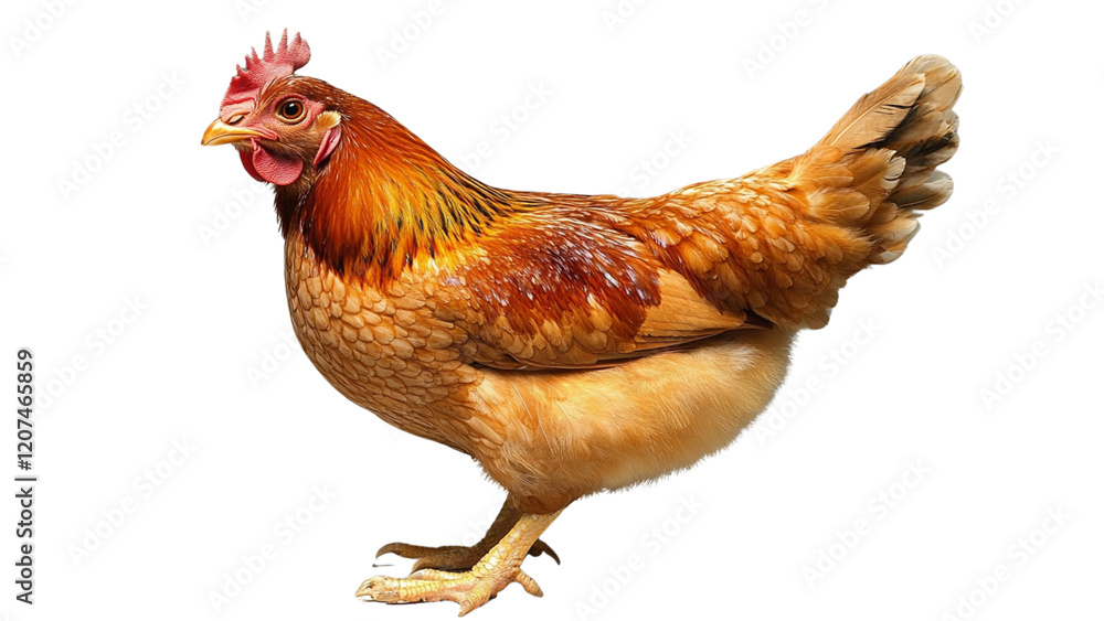 Fototapeta premium A chicken with a red comb and yellow ear stands on a white background. The chicken is a rooster, and it is standing on its hind legs