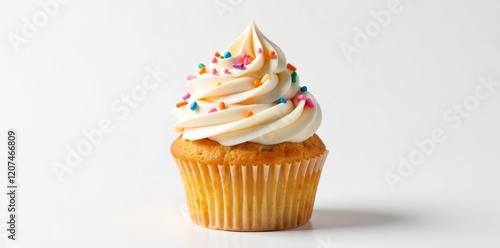 Delicious cupcake with creamy frosting and colorful sprinkles on a plain background.