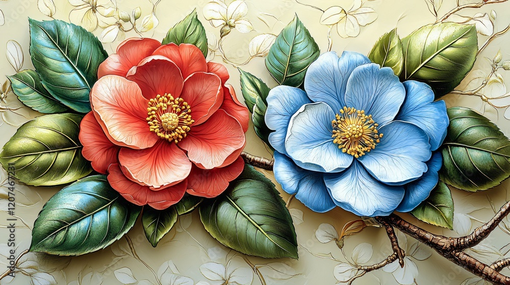 custom made wallpaper toronto digitalRed and blue flower with green leaves on light background with branches and white flowers