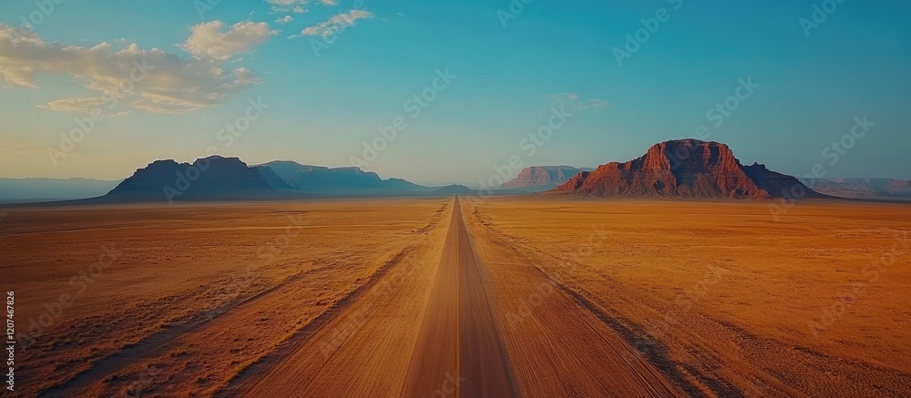 Fototapeta premium A long, winding dirt road leads through the desert toward a mountain range in the distance.