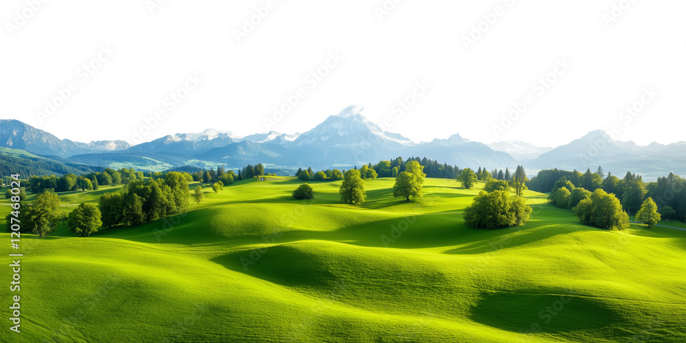 Fototapeta premium A picturesque landscape of lush green rolling hills adorned with scattered trees, leading to a majestic range of snow-capped mountains under a bright, clear sky. 