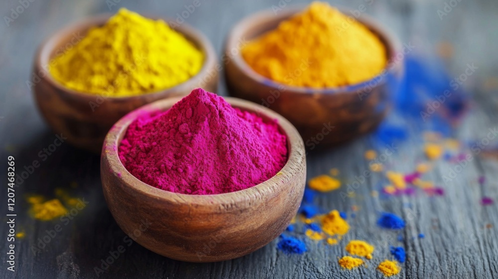 Vibrant Colorful Powder Dyes in Wooden Bowls Vibrant Colorful Powder Dyes in Wooden Bowls