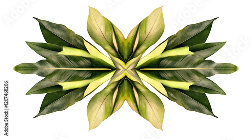 A symmetrical arrangement of vibrant green leaves with varying shades, creating a striking visual element against a white background.