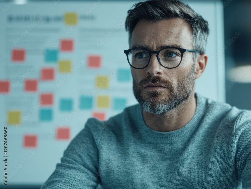 A thoughtful man with glasses sits at a table, focusing on a project, with colorful sticky notes visible on a board behind him. A thoughtful man with glasses sits at a table, focusing on a project, with colorful sticky notes visible on a board behind him.