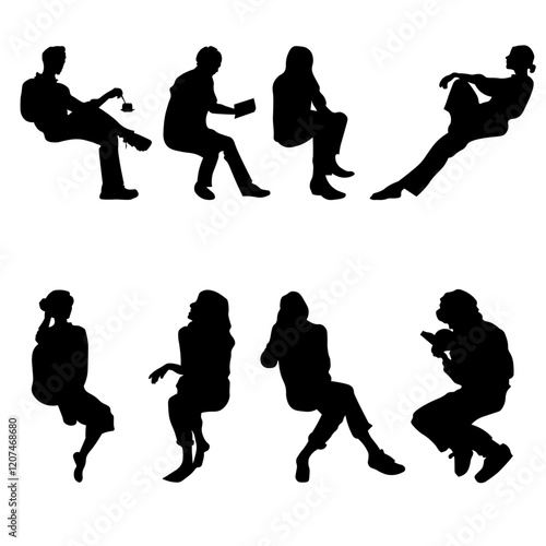 8 png silhouettes of people in sitting postures	