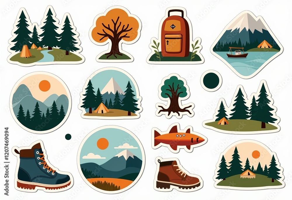 Fototapeta premium Hiking Element Stickers: Modern Minimalist Design, Soft Pastels, Travel Theme, Pure White Background, No Shadows, HD Quality, Natural Lighting, Simple Vector Set.