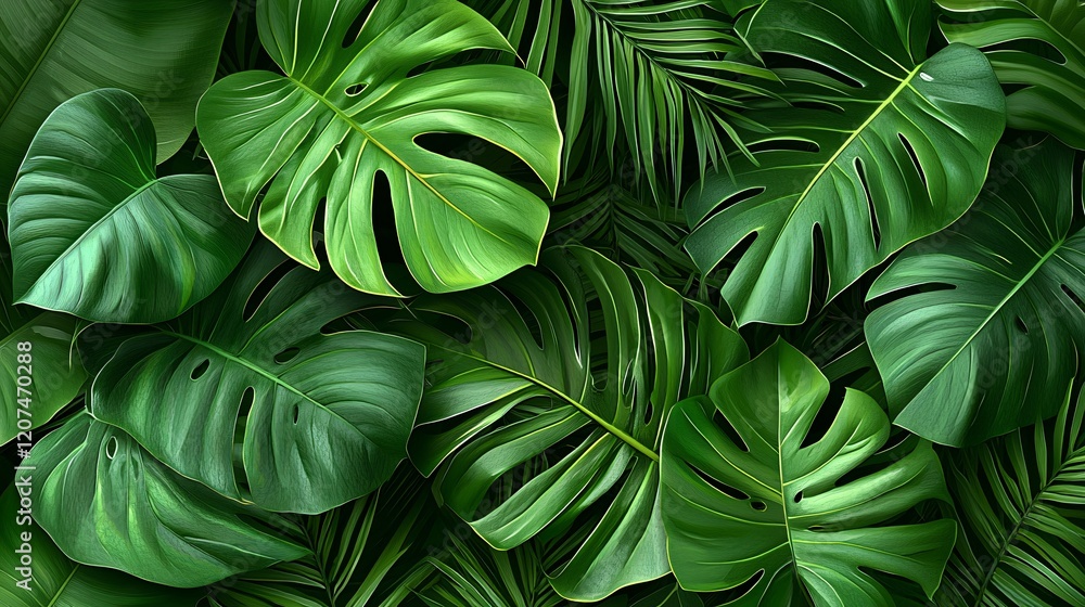 Lush tropical foliage with monstera and palm leaves creating a dense green background Lush tropical foliage with monstera and palm leaves creating a dense green background
