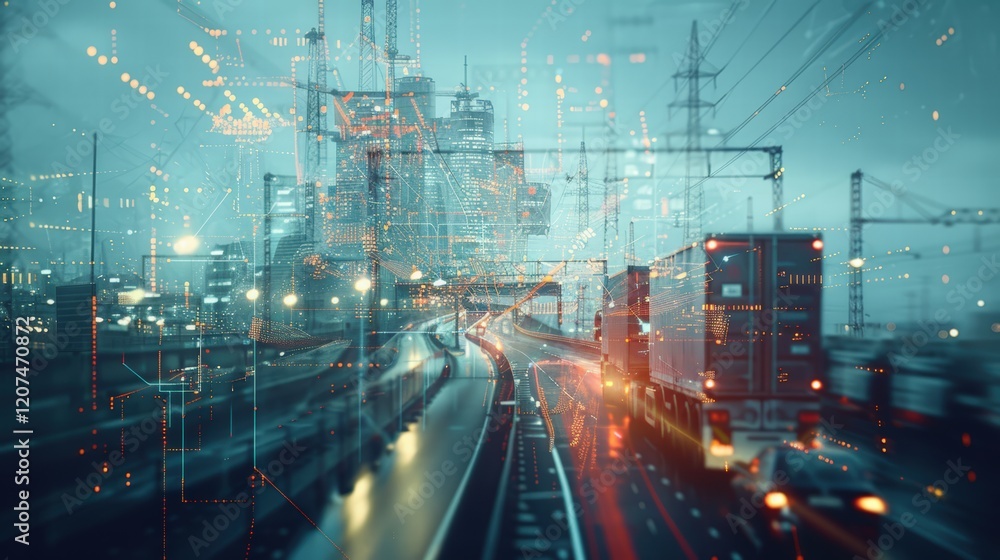 Obraz premium A futuristic truck with glowing lights driving on a rainy urban road highlights logistics, transportation, cargo, and freight systems in a vibrant 3D illustration