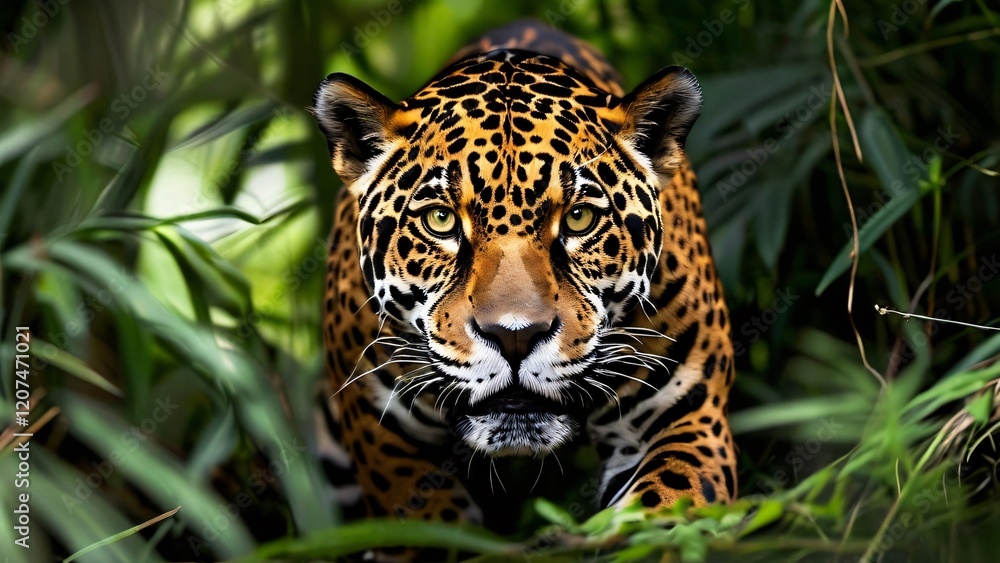 Majestic Jaguar in Natural Habitat for World Jaguar Day: Wild and Powerful Big Cat in a Lush Jungle Setting Majestic Jaguar in Natural Habitat for World Jaguar Day: Wild and Powerful Big Cat in a Lush Jungle Setting