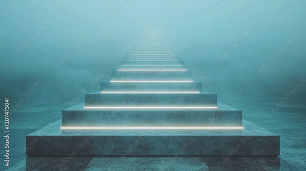 Fototapeta premium Mysterious illuminated steps leading into a foggy atmosphere.
