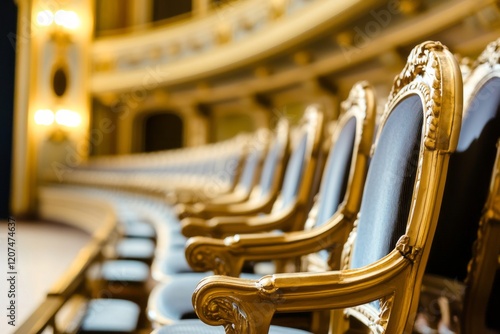 Golden chairs reflecting elegance in a baroque theater balcony photo