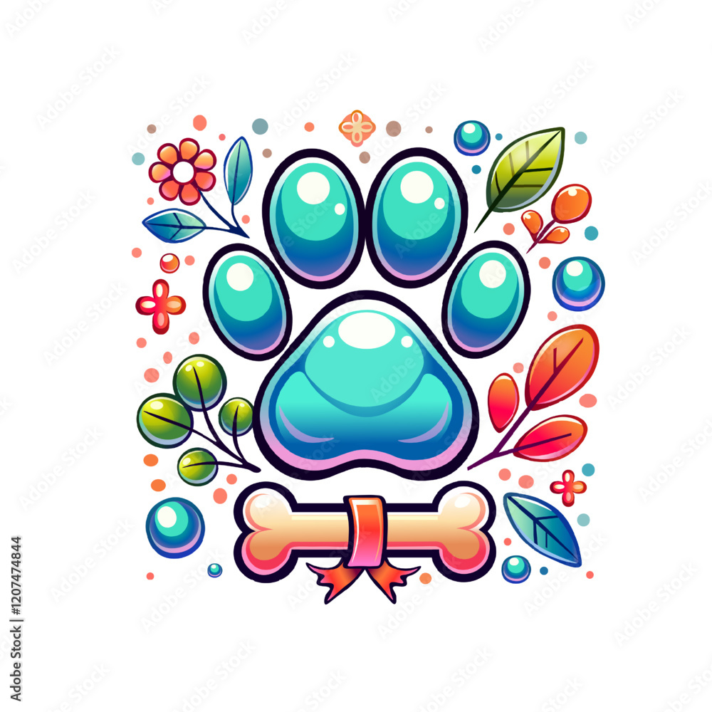 Fototapeta premium Colorful Paw Print Illustration with Floral Accents. Playful Pet-Themed Artwork with Bone and Leaves. Vibrant Animal Paw Design with Decorative Elements