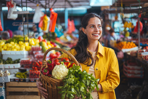 Bild auf Leinwand Smiling Woman Holding Basket of Fresh Vegetables in Vibrant Farmers Market