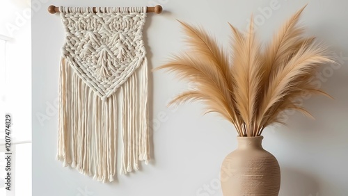 Macramé wall hanging with pampas grass in a wicker vase. Boho style photo