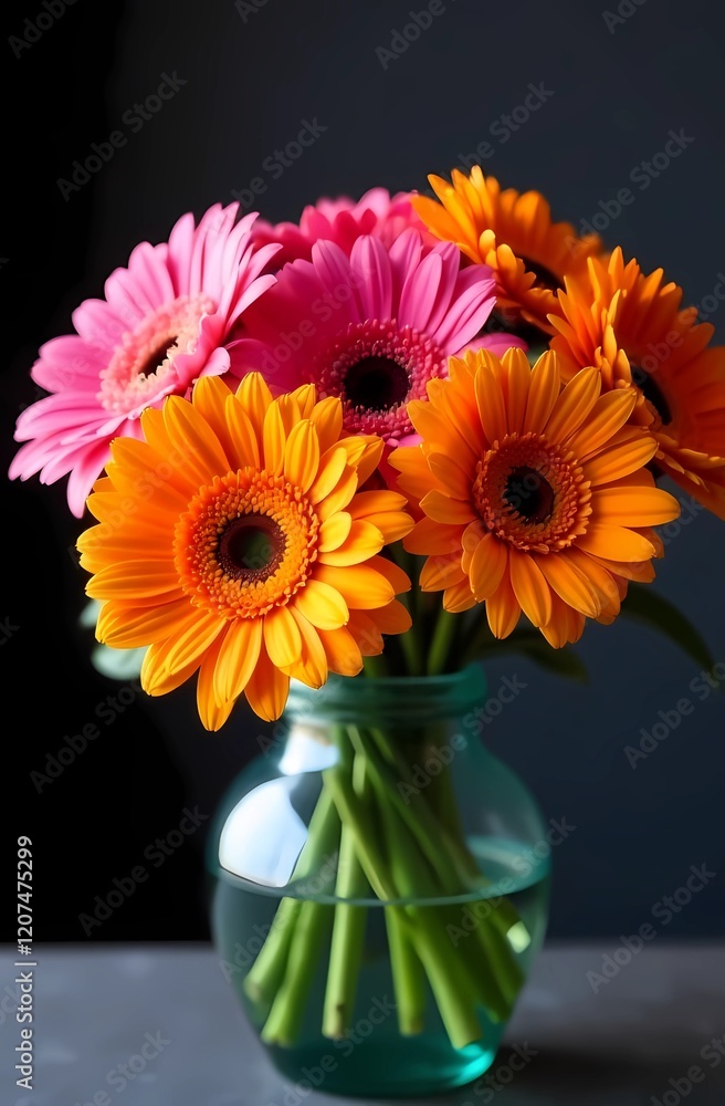 Fototapeta premium Bright bouquet of gerberas and carnations, card for Women's Day