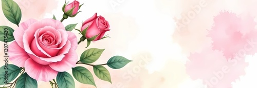 Pink roses, green leaves, pastel background
Postcard design for Valentine's Day and Women's Day