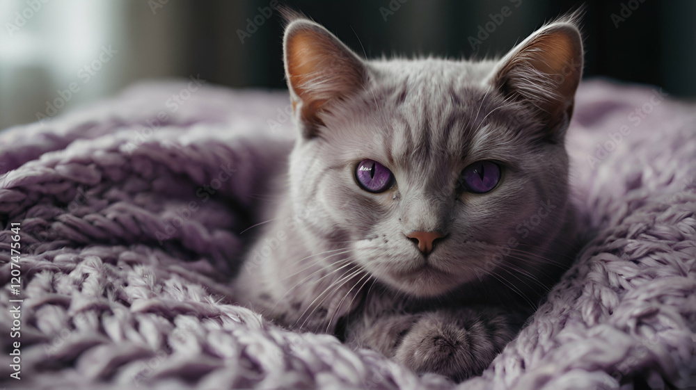 Cute purple cat on a soft blanket Tabby cat sleeping wrapped on blanket background in a room, Cute purple cat on a soft blanket Tabby cat sleeping wrapped on blanket background in a room,