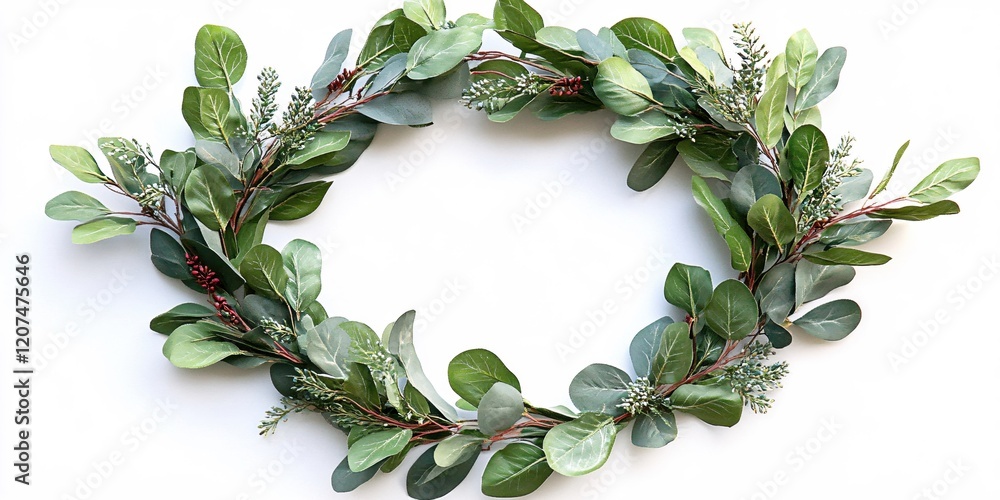 Fototapeta premium Elegant Green Eucalyptus Wreath White Background Simple Design