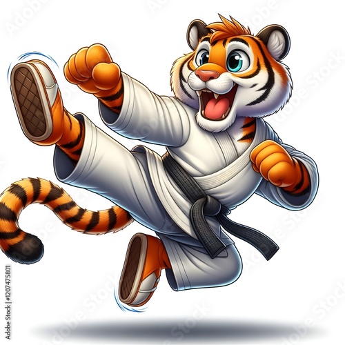 A powerful cartoon tiger in a white karate gi with a blue belt is mid-air, delivering a fierce karate kick. The determined expression and dynamic pose highlight its strength. photo