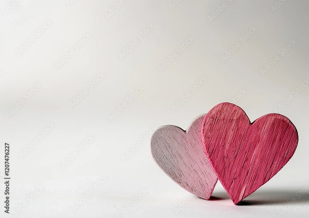 Fototapeta premium Two pink wooden hearts on a pristine white background with ample copy space, perfect for Valentine's Day, love, and romance concepts. This minimalistic stock photo features light beige and dark gray 