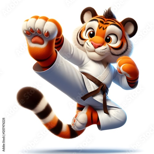 A powerful cartoon tiger in a white karate gi with a blue belt is mid-air, delivering a fierce karate kick. The determined expression and dynamic pose highlight its strength. photo