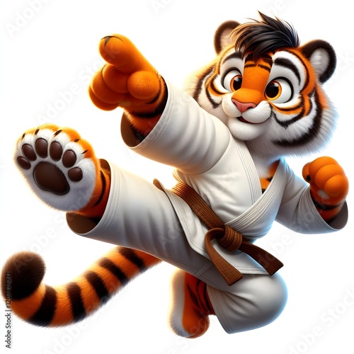 A powerful cartoon tiger in a white karate gi with a blue belt is mid-air, delivering a fierce karate kick. The determined expression and dynamic pose highlight its strength. photo