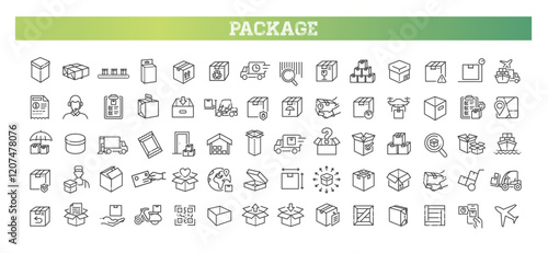 Set of linear icons related to package. Outline icons with parcel, box, delivery