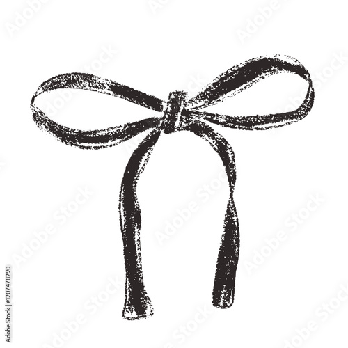 Crayon bow, ribbon. Chalk drawing band. Black coquette aesthetic bowknot. Vector illustration isolated on white background.