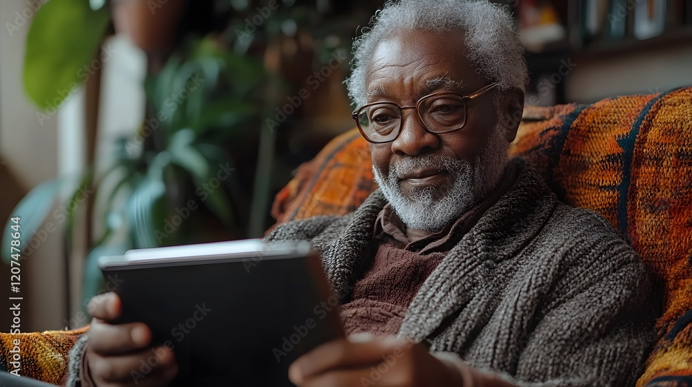 Elderly individual using AI for virtual consultations with healthcare professionals at home, Elderly individual using AI for virtual consultations with healthcare professionals at home,