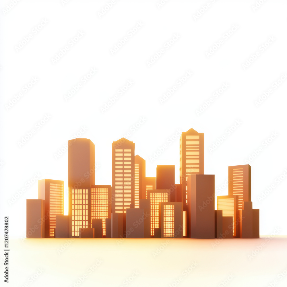 Low poly cityscape at sunset with warm tones and glowing buildings on white background Low poly cityscape at sunset with warm tones and glowing buildings on white background