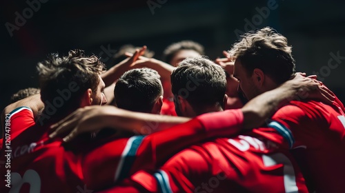 Handball team unity in a huddle before olympic match, focusing on teamwork and strategic planning