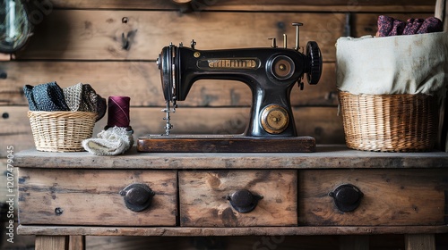 A sewing machine on a wooden table with fabric and thread organized in a basket