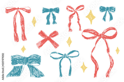 Crayon bow, ribbon set with sparkles. Chalk drawing bands. Colorful coquette aesthetic bowknots. Childish doodle present elements. Vector illustration isolated on white background.