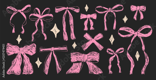 Crayon bow, ribbon set with sparkles. Chalk drawing y2k bands. Pink coquette aesthetic bowknots. Girly present elements. Vector illustration isolated on dark background.