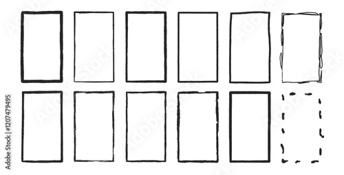 Grunge rectangle frames set. Square shapes modern black. Vector hand drawn collection illustration isolated on white background.