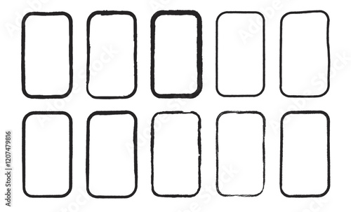 Grunge rectangles with round edges set. Box border square shapes modern black. Vector hand drawn collection illustration isolated on white background.