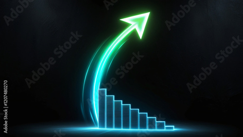 Illuminated glowing bar chart showcasing growth with a neon green arrow symbolizing progress and success.