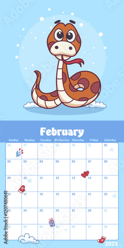 February calendar page with a cute baby snake mascot photo