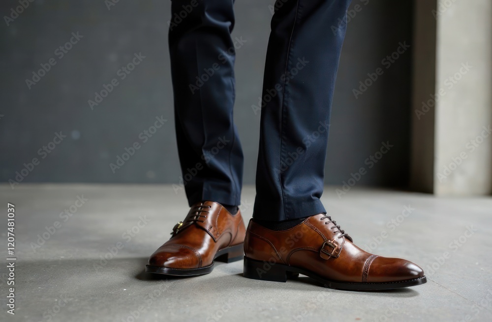 brown leather dress shoes and navy trousers in stylish footwear concept for fashion and apparel design. men's style for formal occasions. brown leather dress shoes and navy trousers in stylish footwear concept for fashion and apparel design. men's style for formal occasions.